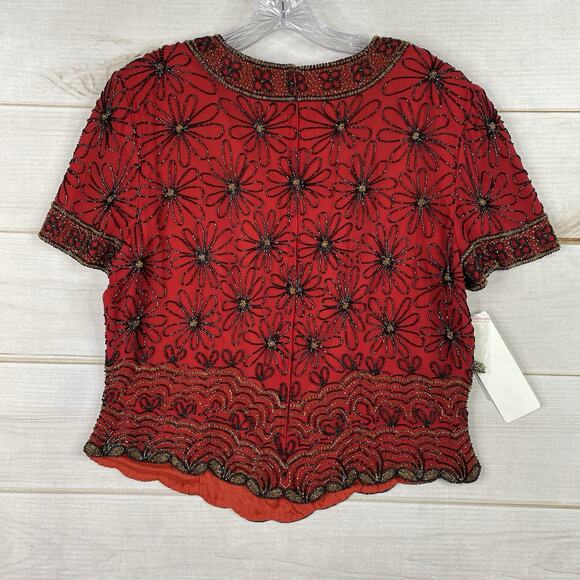 Adrianna Papell Top XL Red Silk All Over Beaded Dressy Floral Gorgeous NWT VTG - Picture 11 of 12